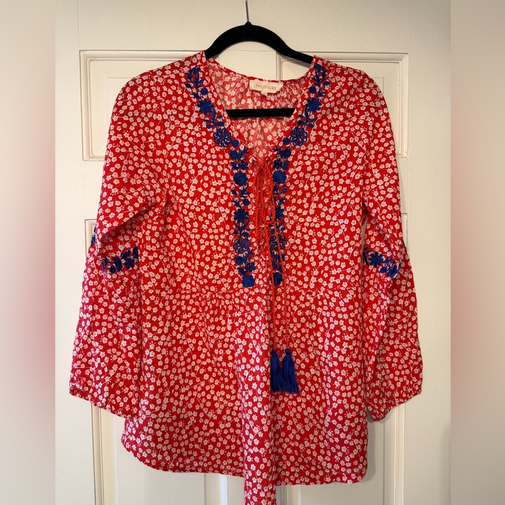 Solitaire Red Floral Tunic with Blue Embroidered Trim